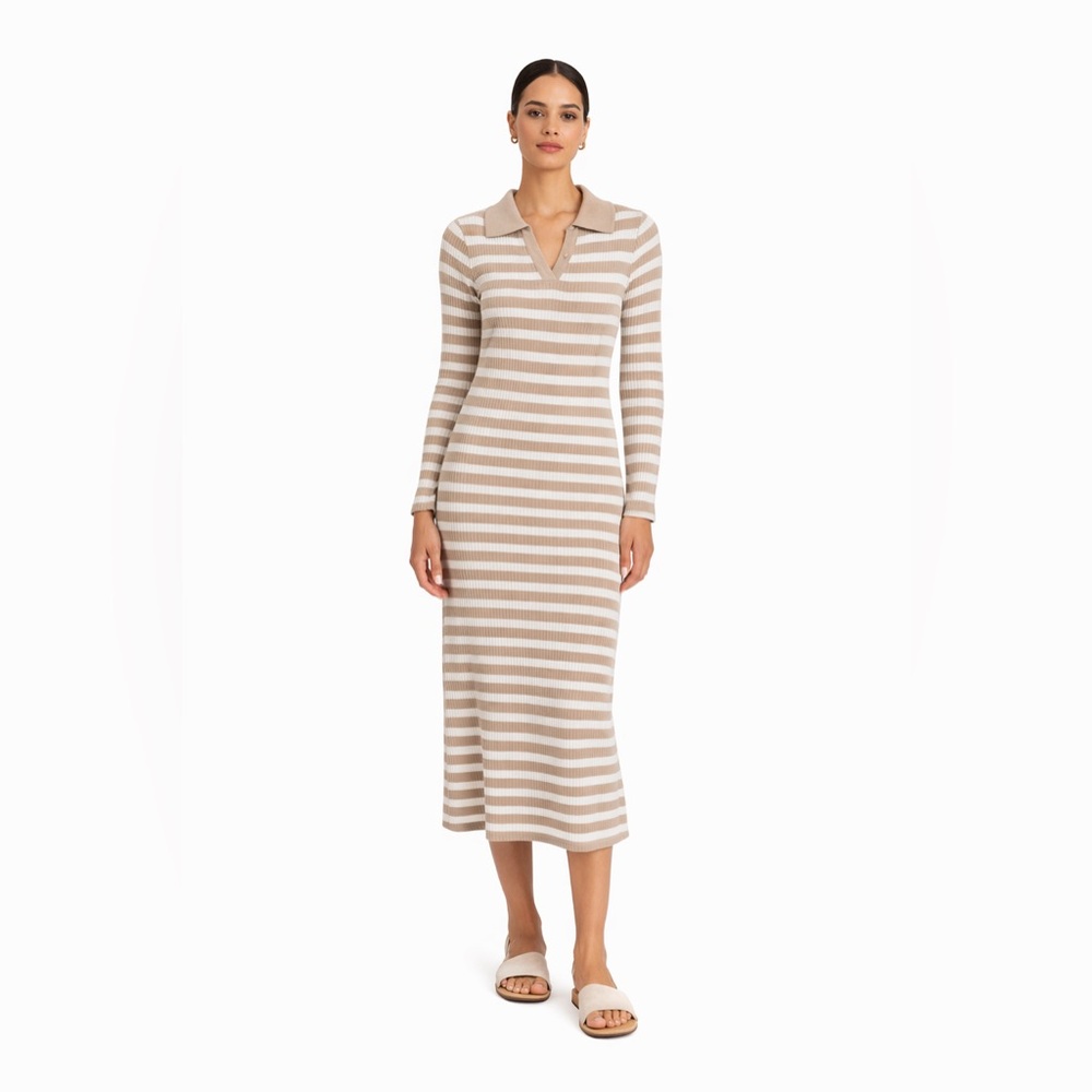 Haeof Striped Tan and White Ribbed Dress. NWT. Medium Neutral Timeless Classic
